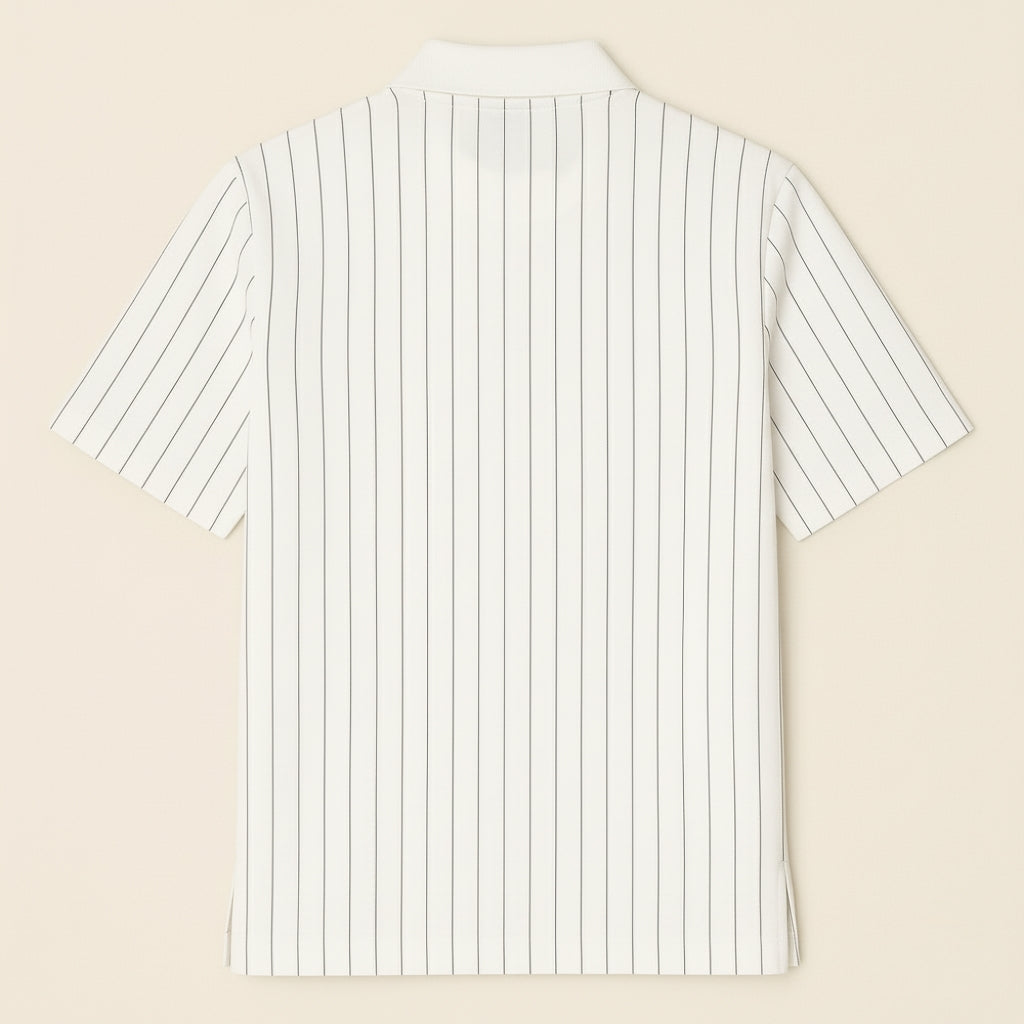 Pinstripe Polo Shirt with Floral Appliqué Embellishments