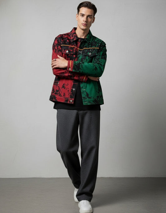 Split-Color Paint Splatter Denim Jacket