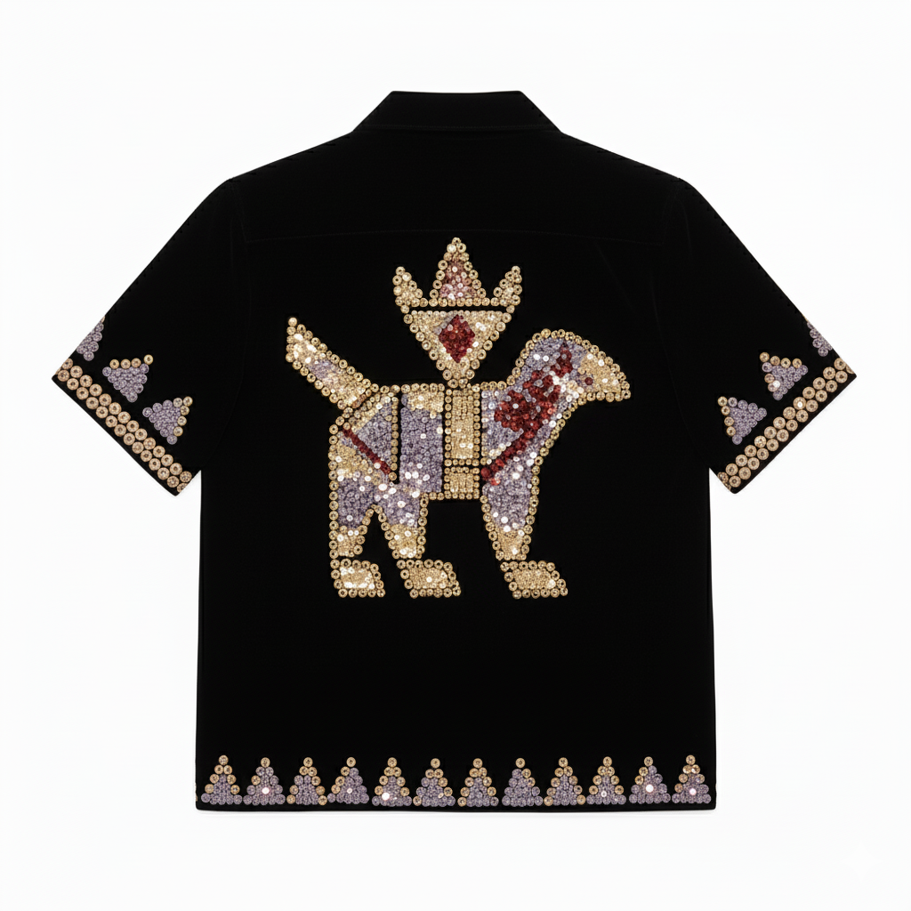 Black Velvet Sequin "King and Queen" Short-Sleeve Shirt