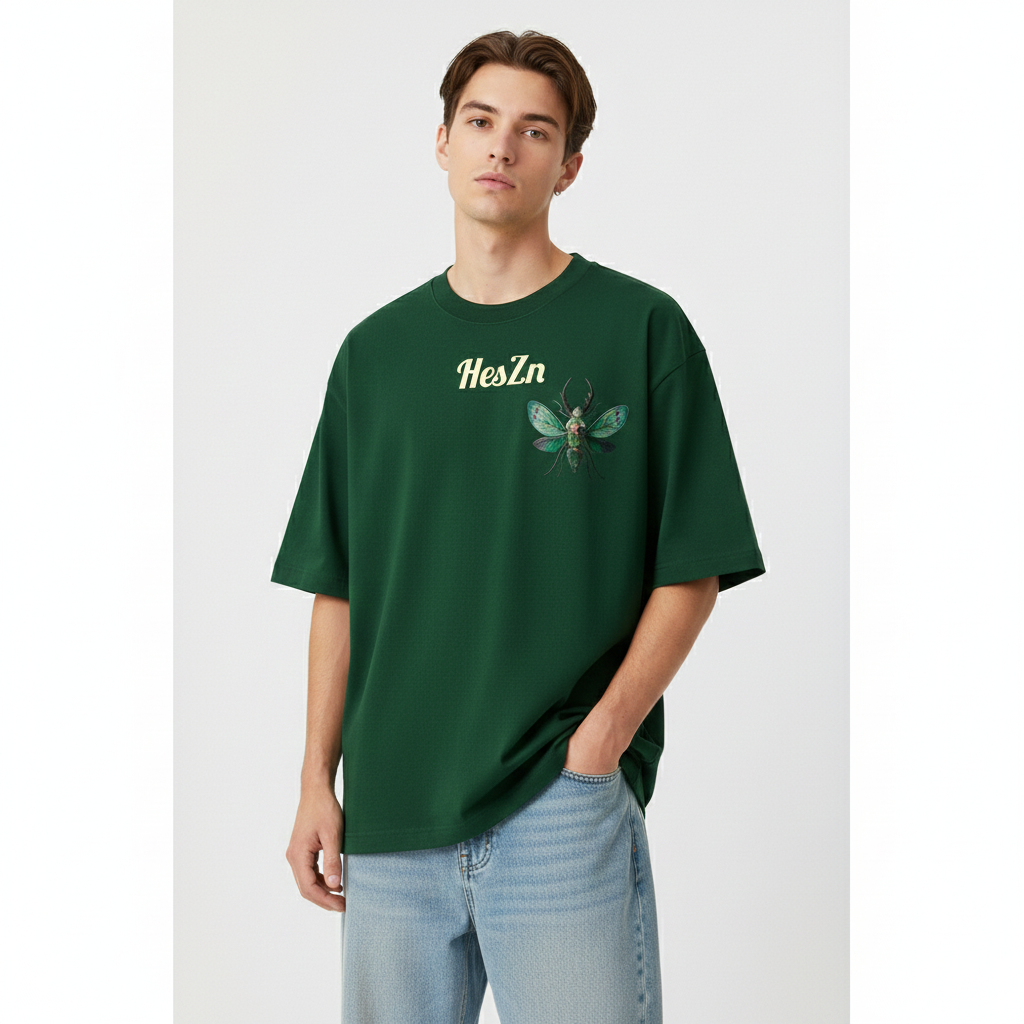 HesZn Nocturnal Emerald Beetle Graphic T-Shirt | Dark Green Basic Tee