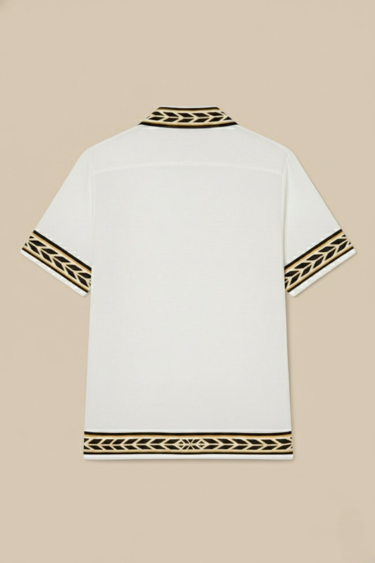 White Knit Cuban Collar Shirt with Geometric Trim