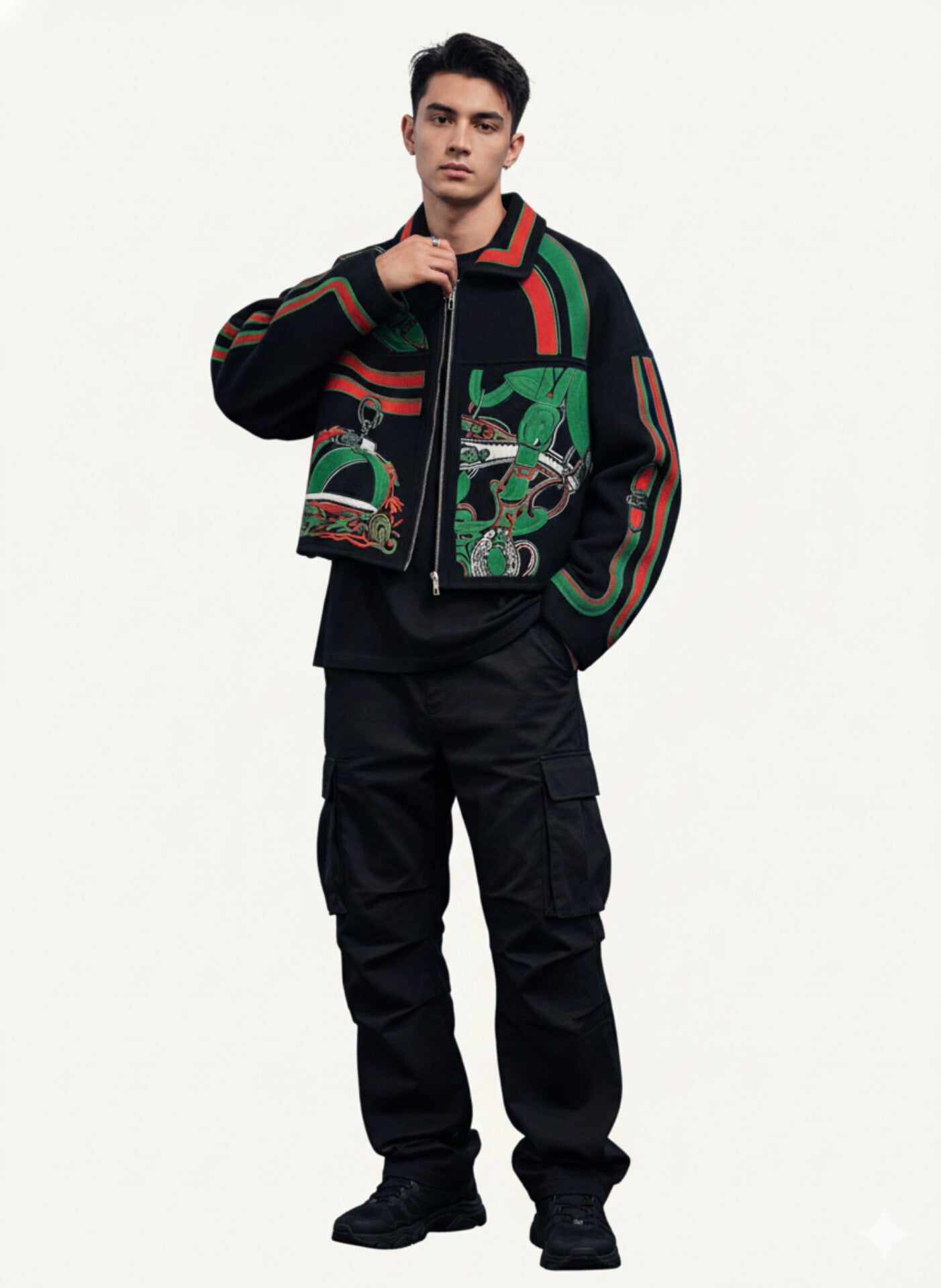 Zip-Front Cropped Bomber Jacket with Green and Red Trim