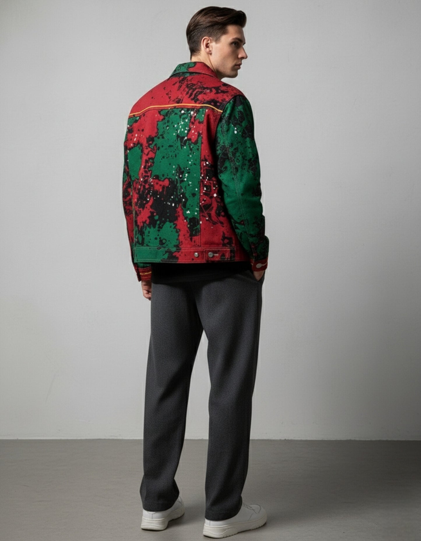 Split-Color Paint Splatter Denim Jacket