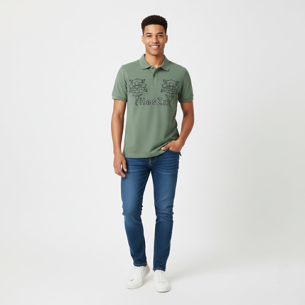 Green Polo with "HesZn" Rose Graphic