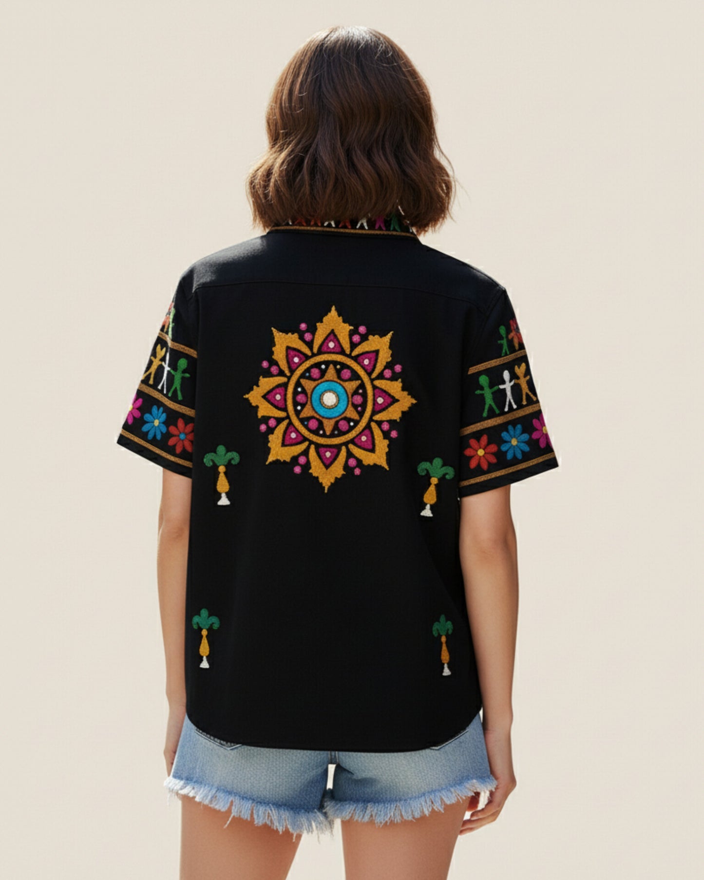 Black Embroidered Folk Art Short Sleeve Button-Up Shirt
