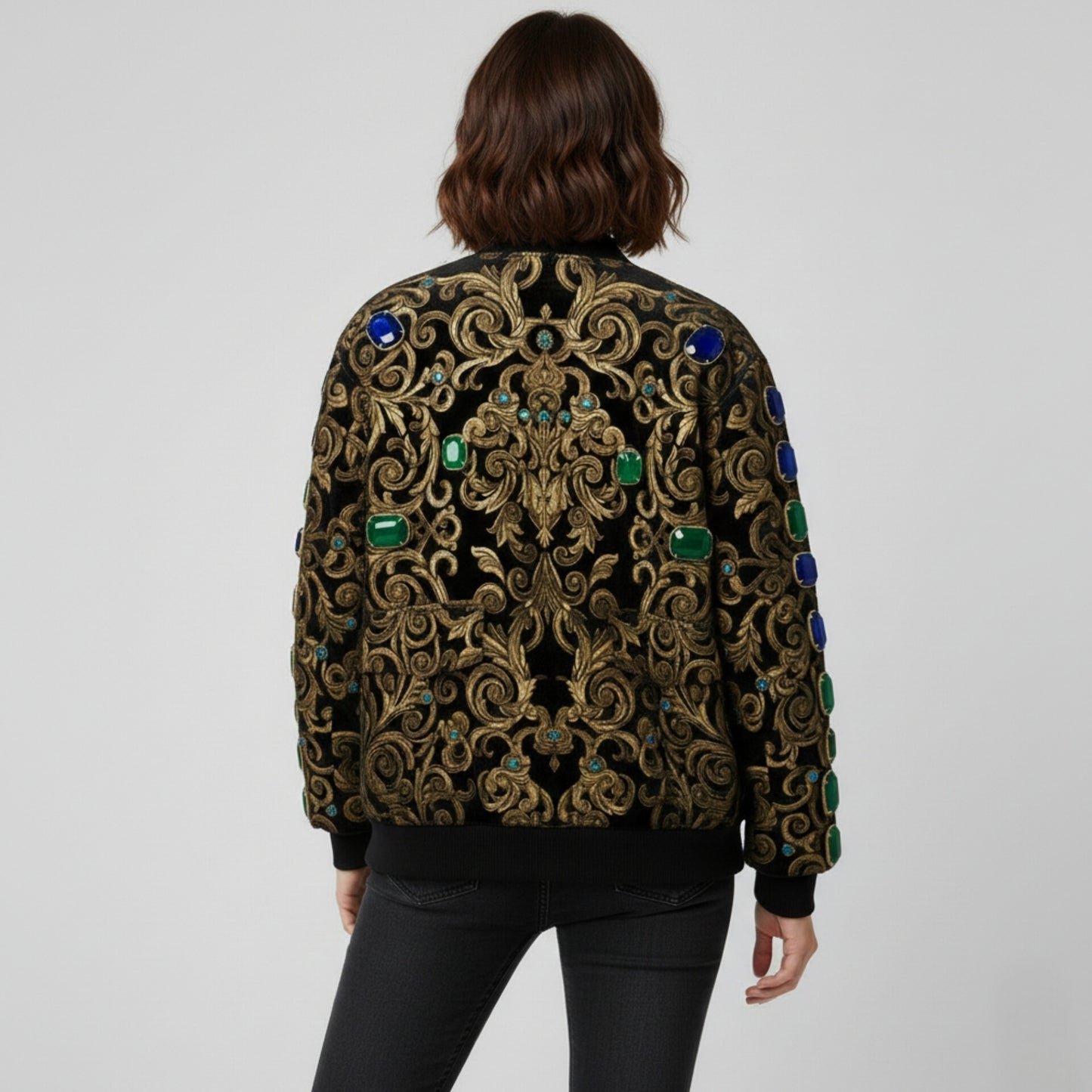 Regal Baroque Embellished Velvet Bomber Jacket