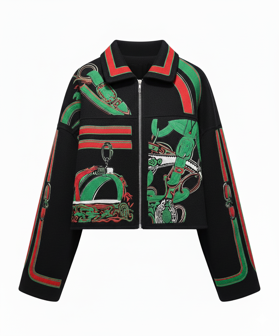 Zip-Front Cropped Bomber Jacket with Green and Red Trim