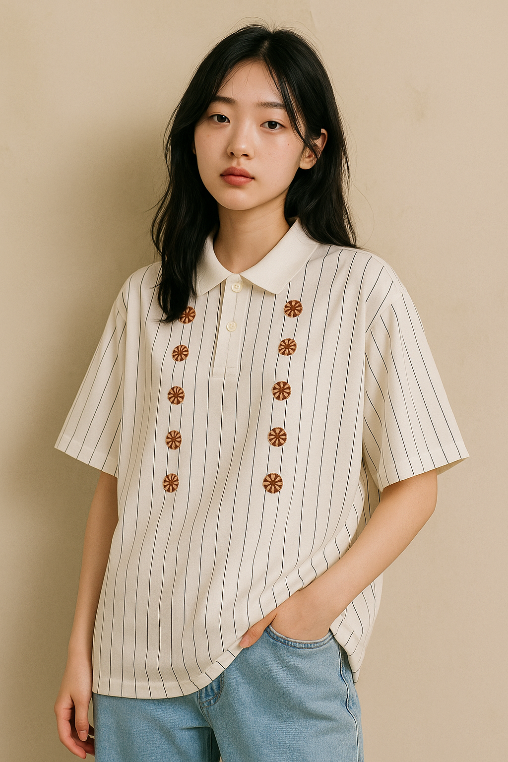 Pinstripe Polo Shirt with Floral Appliqué Embellishments