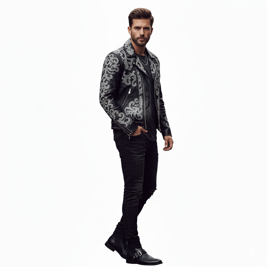 Black Leather Biker Jacket with Silver Baroque Embroidery