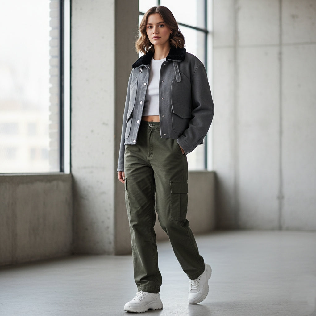 Cropped Jacket W/ Faux Fur Collar