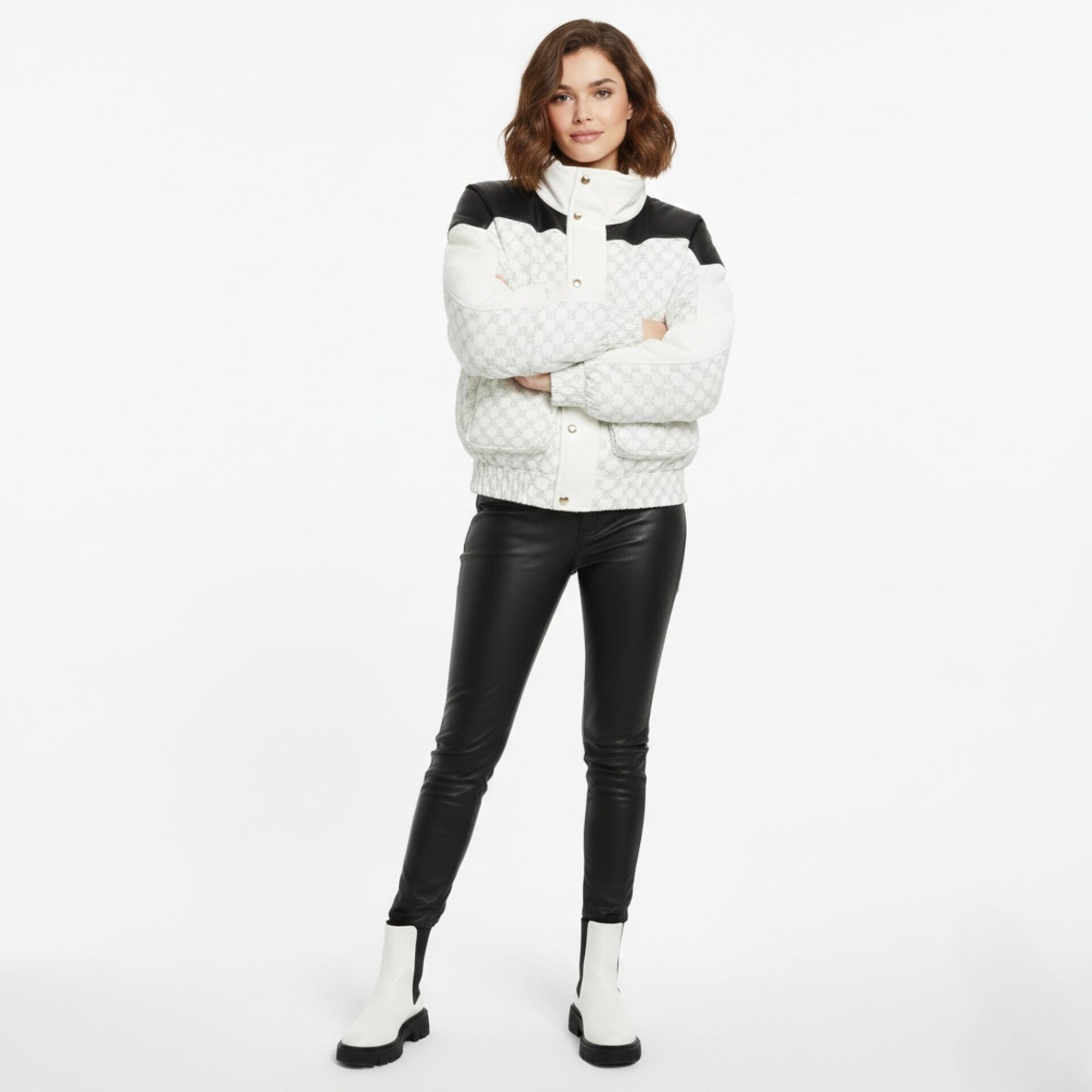 Monogram Print Puffer Bomber Jacket with Leather