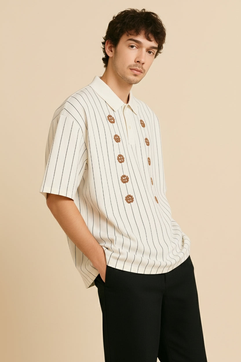 Pinstripe Polo Shirt with Floral Appliqué Embellishments