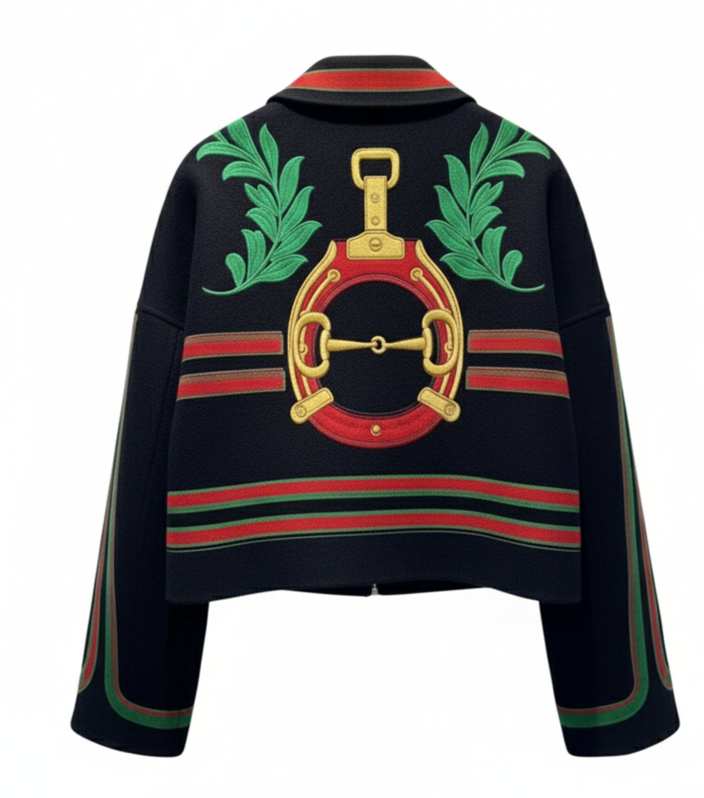 Zip-Front Cropped Bomber Jacket with Green and Red Trim