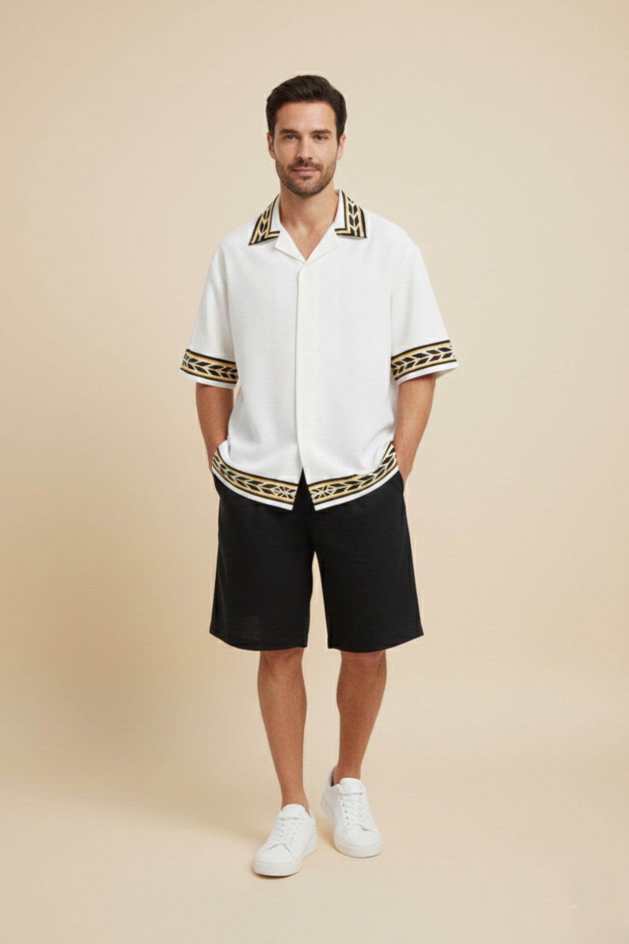 White Knit Cuban Collar Shirt with Geometric Trim
