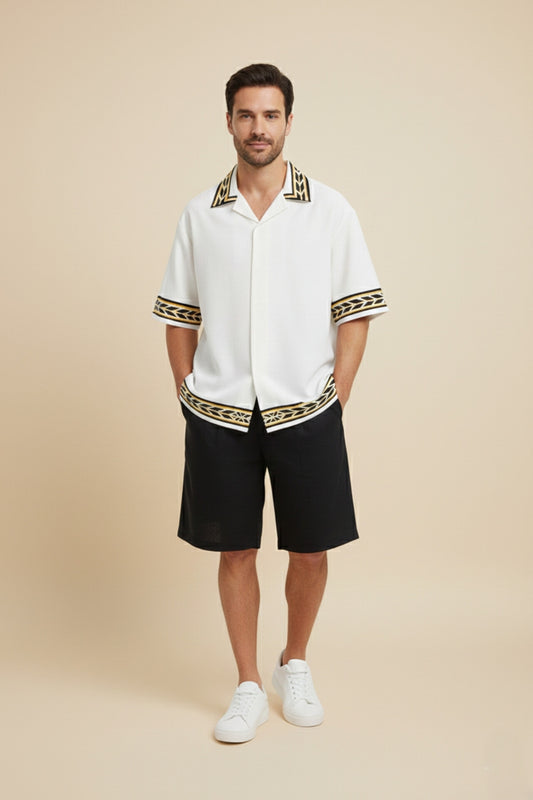 White Knit Cuban Collar Shirt with Geometric Trim