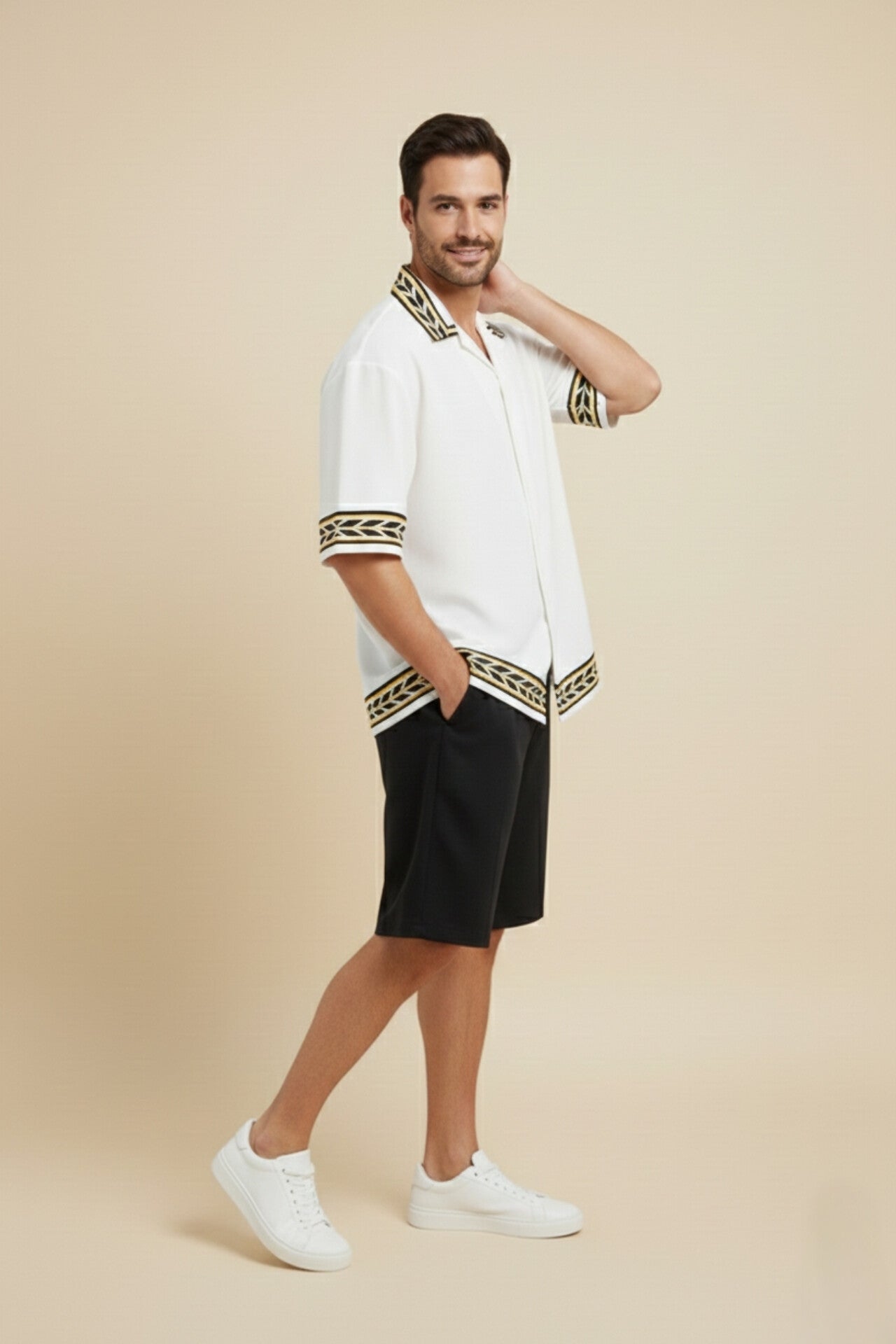 White Knit Cuban Collar Shirt with Geometric Trim