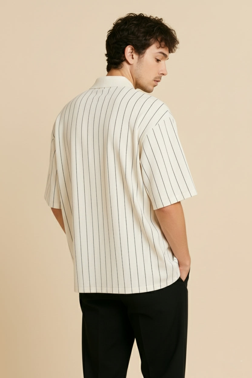 Pinstripe Polo Shirt with Floral Appliqué Embellishments