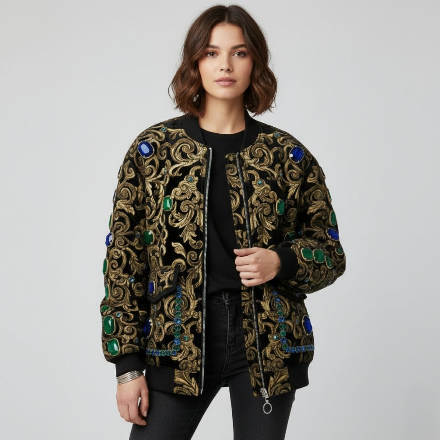 Regal Baroque Embellished Velvet Bomber Jacket