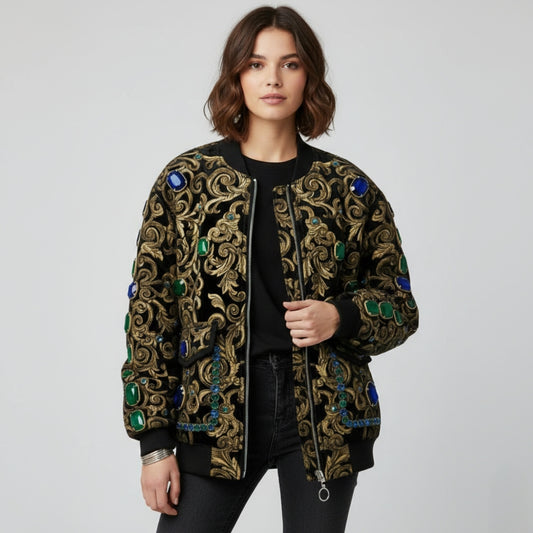 Regal Baroque Embellished Velvet Bomber Jacket