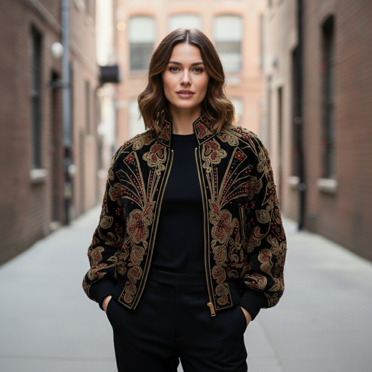 Artisan Floral Embroidered Velvet Bomber Jacket