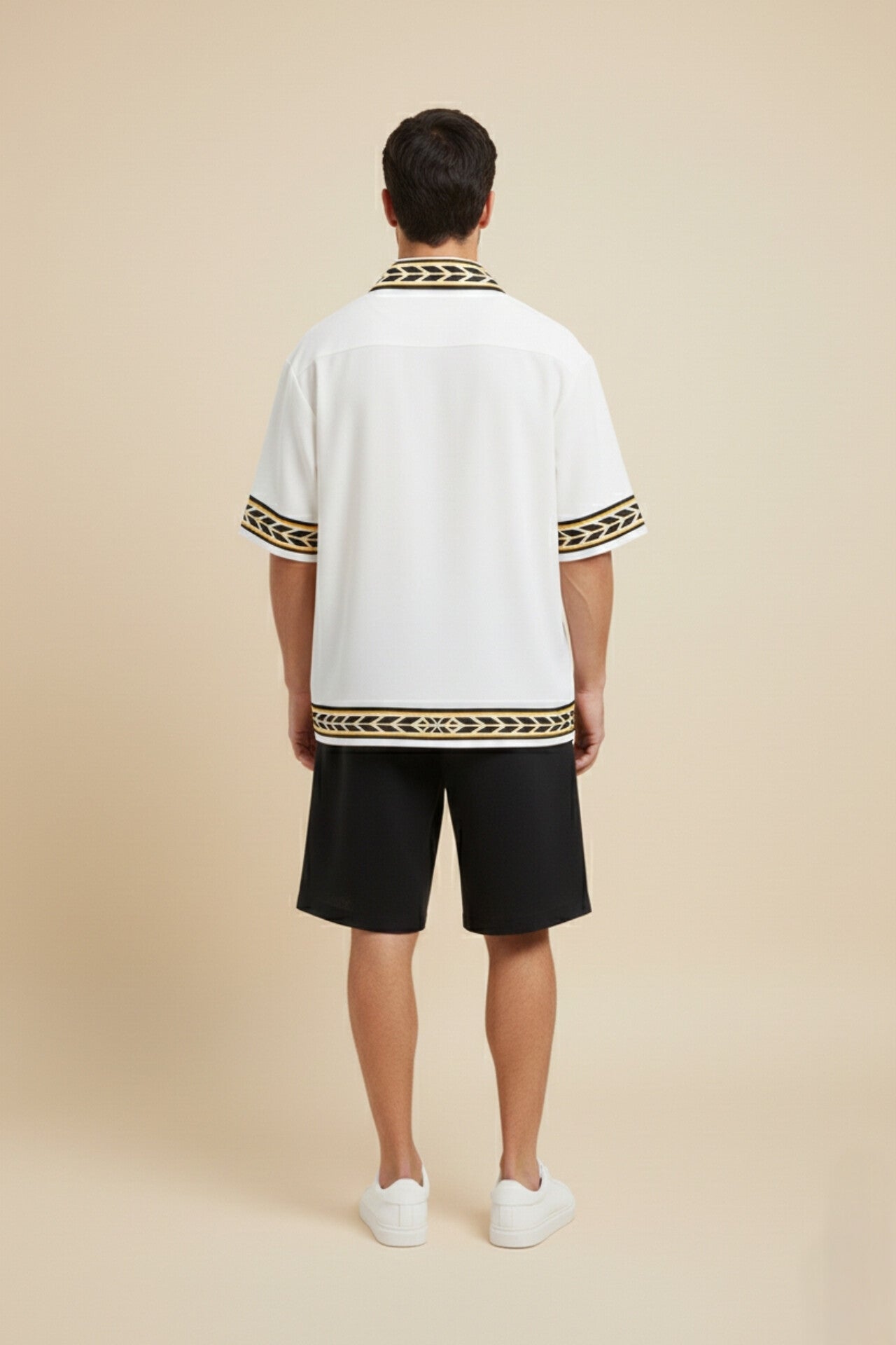 White Knit Cuban Collar Shirt with Geometric Trim