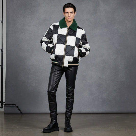 Checkerboard Quilted Bomber Jacket with Shearling Collar
