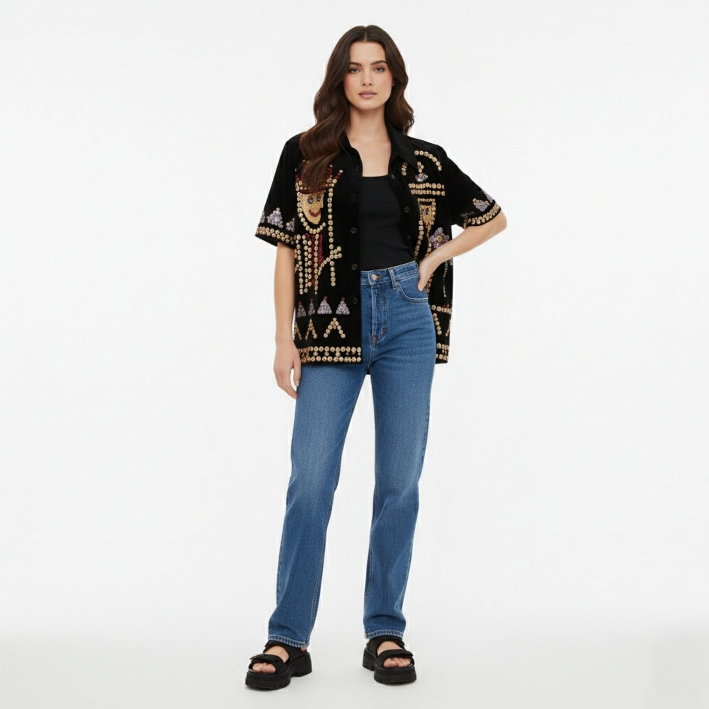 Black Velvet Sequin "King and Queen" Short-Sleeve Shirt