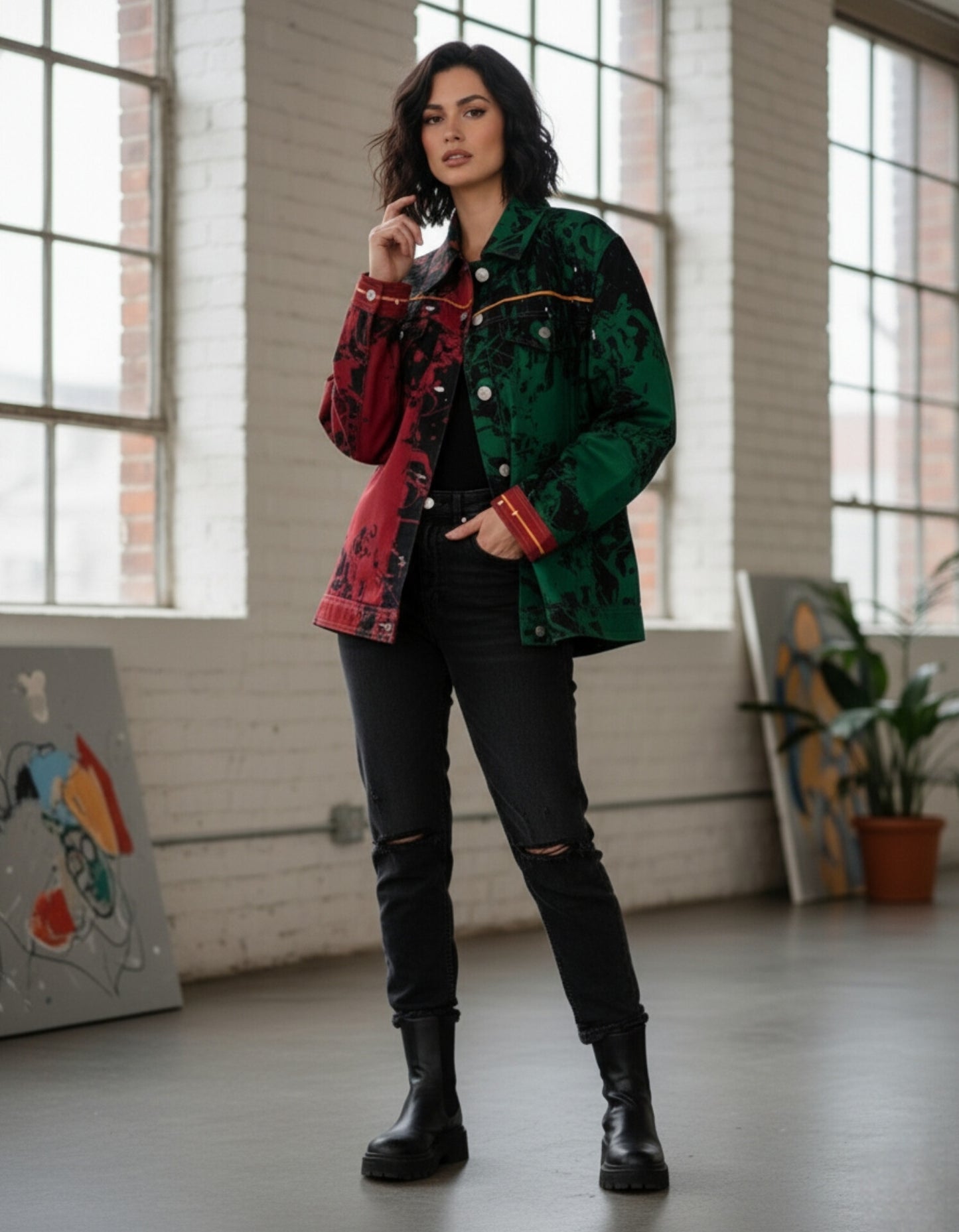 Split-Color Paint Splatter Denim Jacket