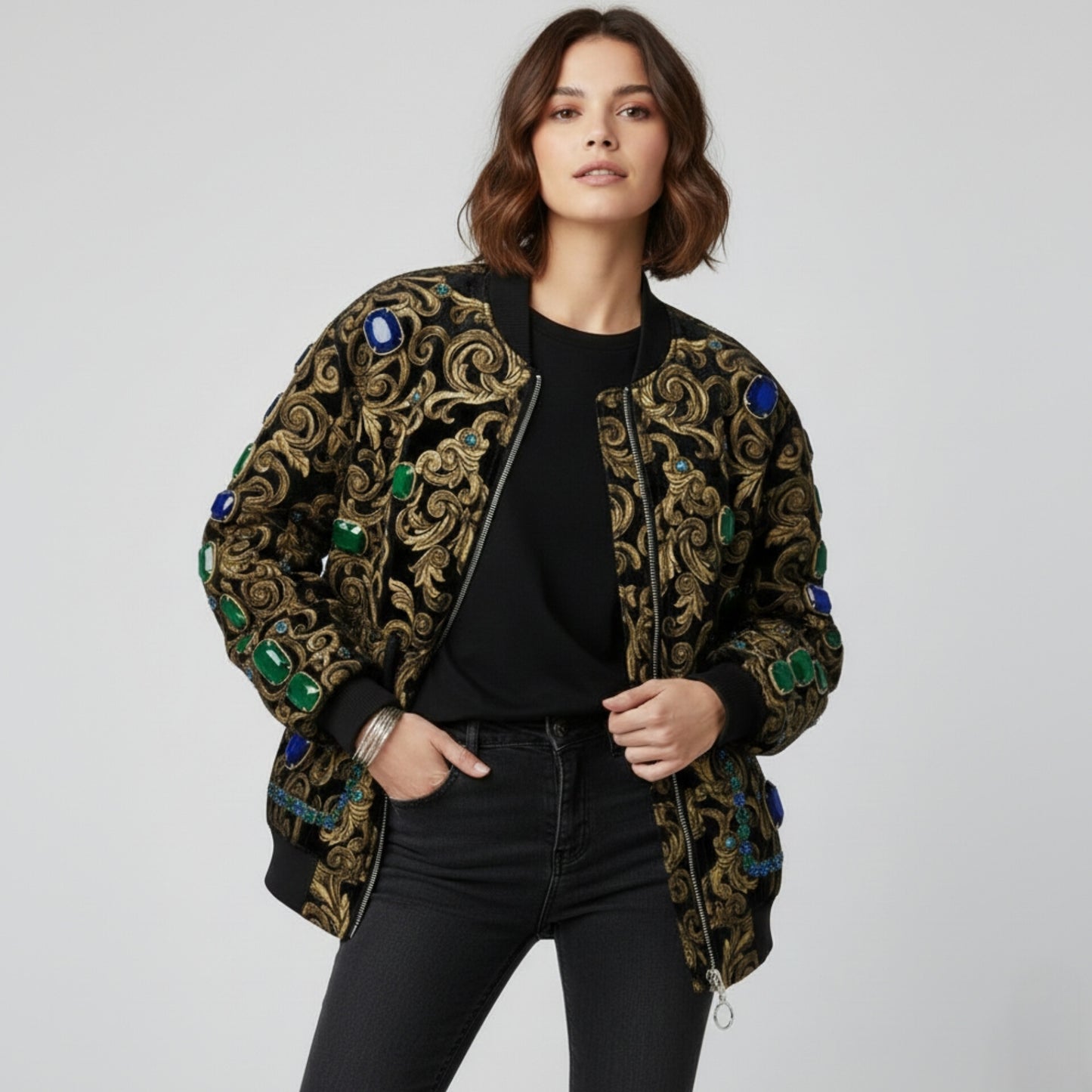 Regal Baroque Embellished Velvet Bomber Jacket