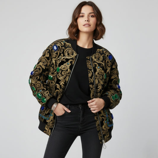 Regal Baroque Embellished Velvet Bomber Jacket