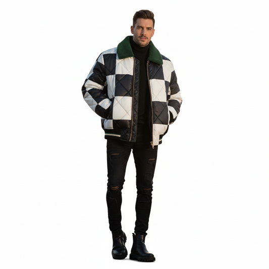 Checkerboard Quilted Bomber Jacket with Shearling Collar