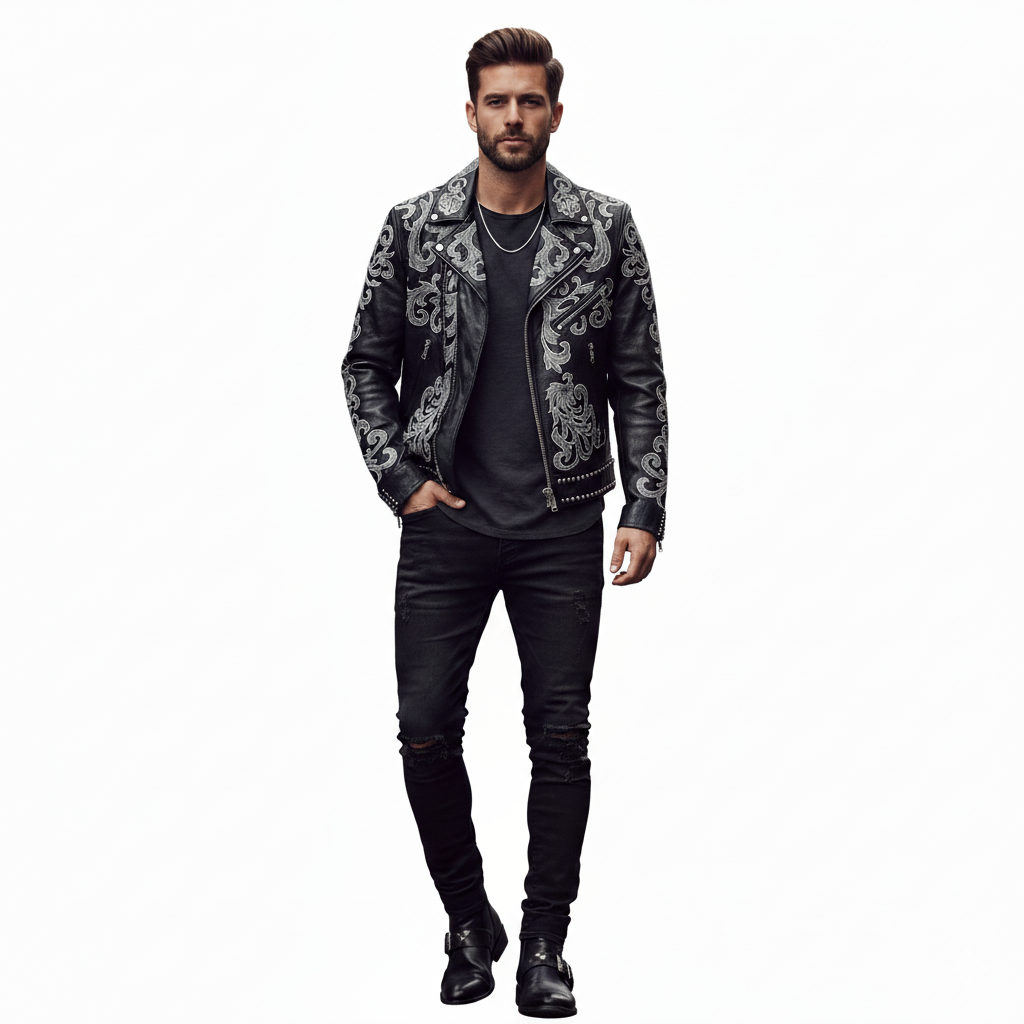 Black Leather Biker Jacket with Silver Baroque Embroidery