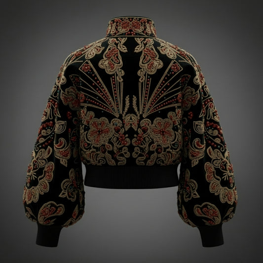 Artisan Floral Embroidered Velvet Bomber Jacket