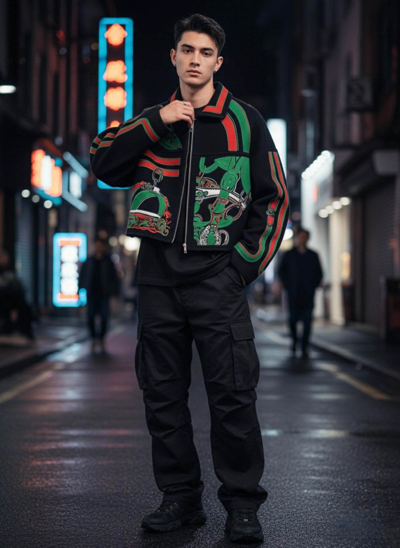 Zip-Front Cropped Bomber Jacket with Green and Red Trim