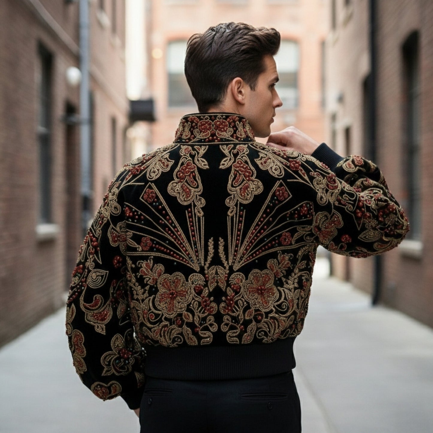 Artisan Floral Embroidered Velvet Bomber Jacket