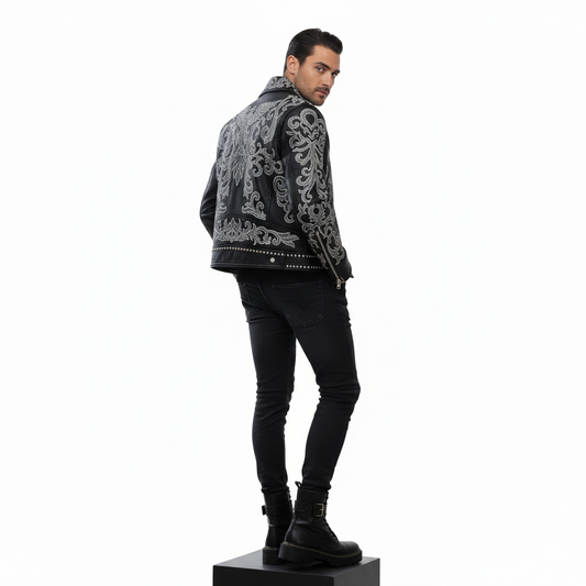 Black Leather Biker Jacket with Silver Baroque Embroidery