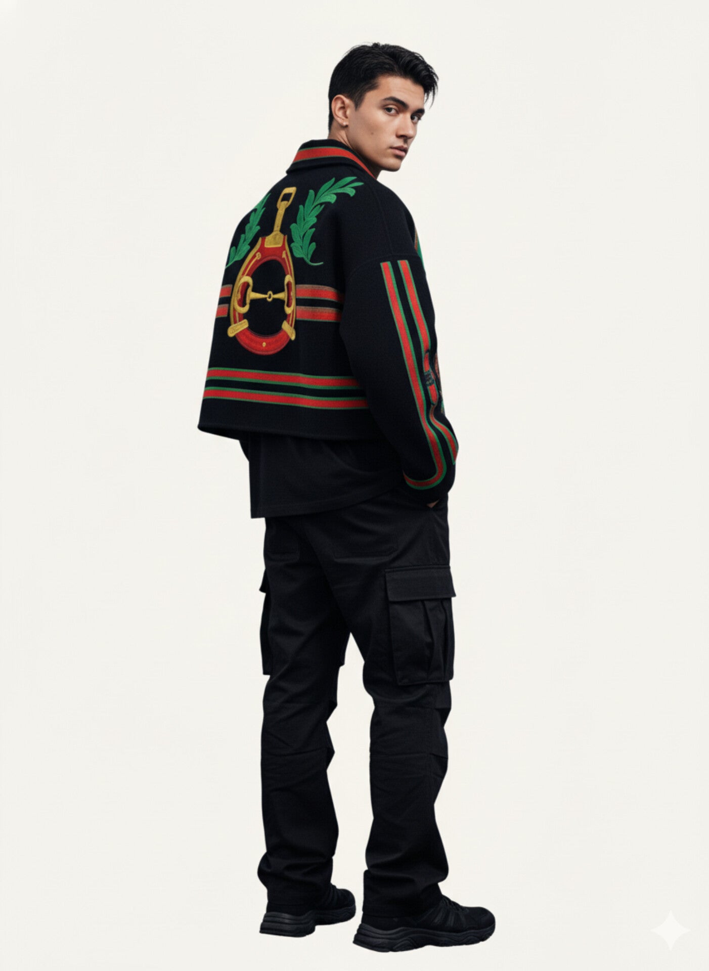 Zip-Front Cropped Bomber Jacket with Green and Red Trim