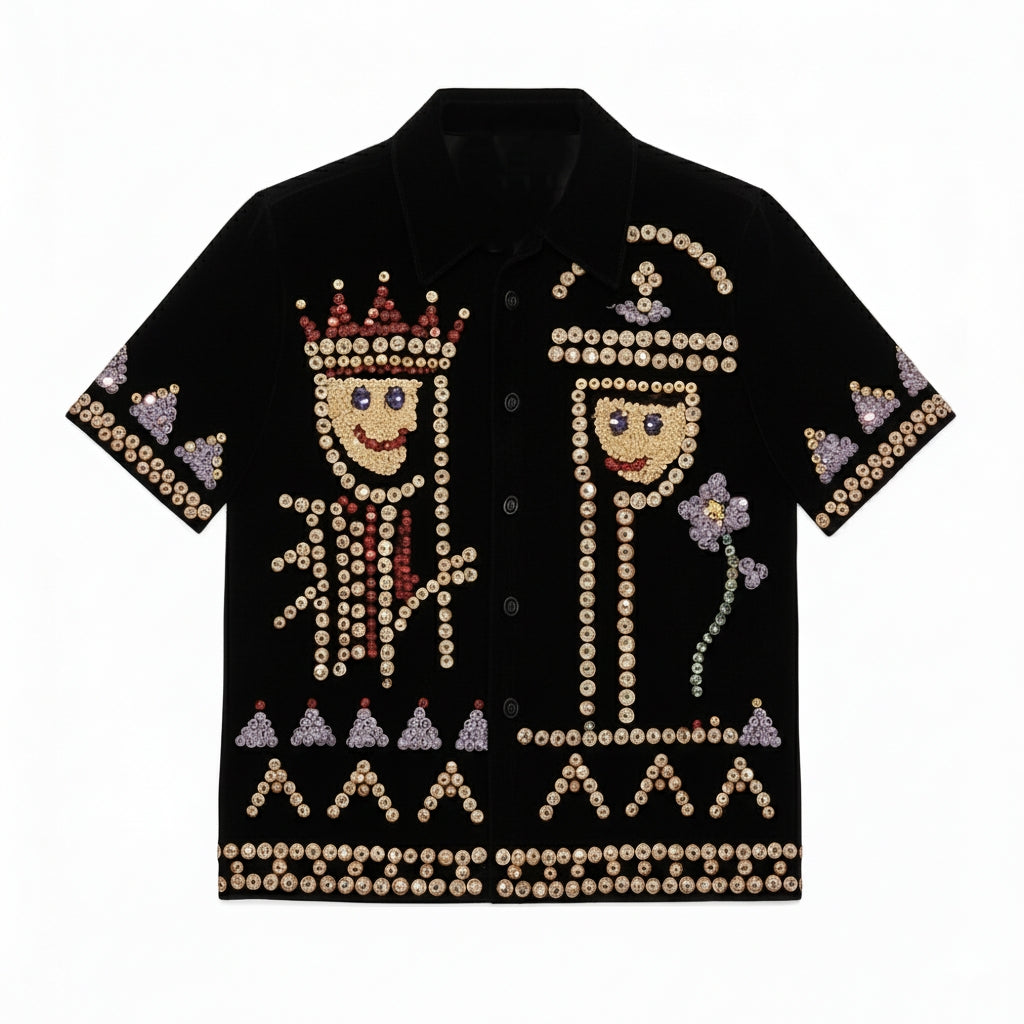 Black Velvet Sequin "King and Queen" Short-Sleeve Shirt