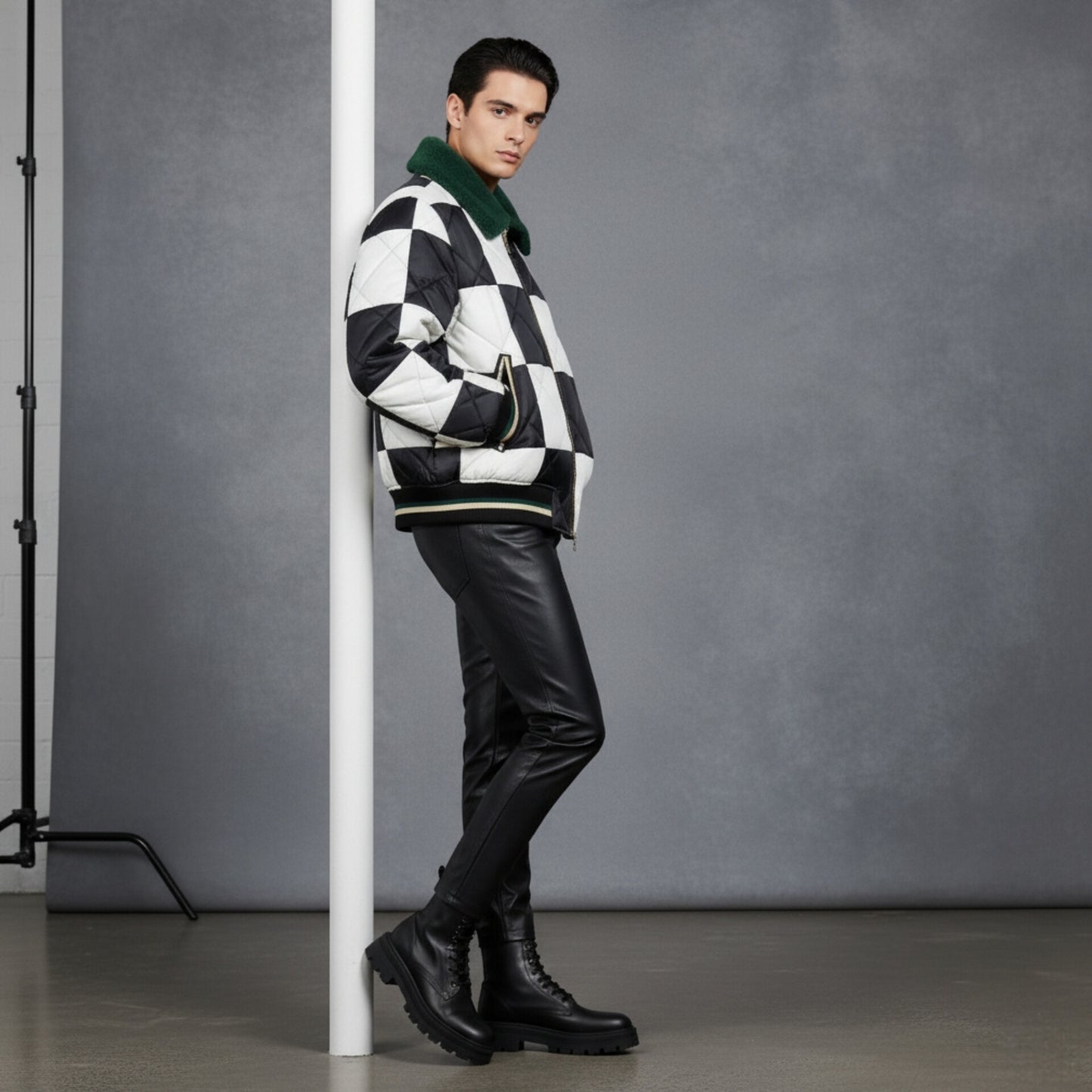 Checkerboard Quilted Bomber Jacket with Shearling Collar
