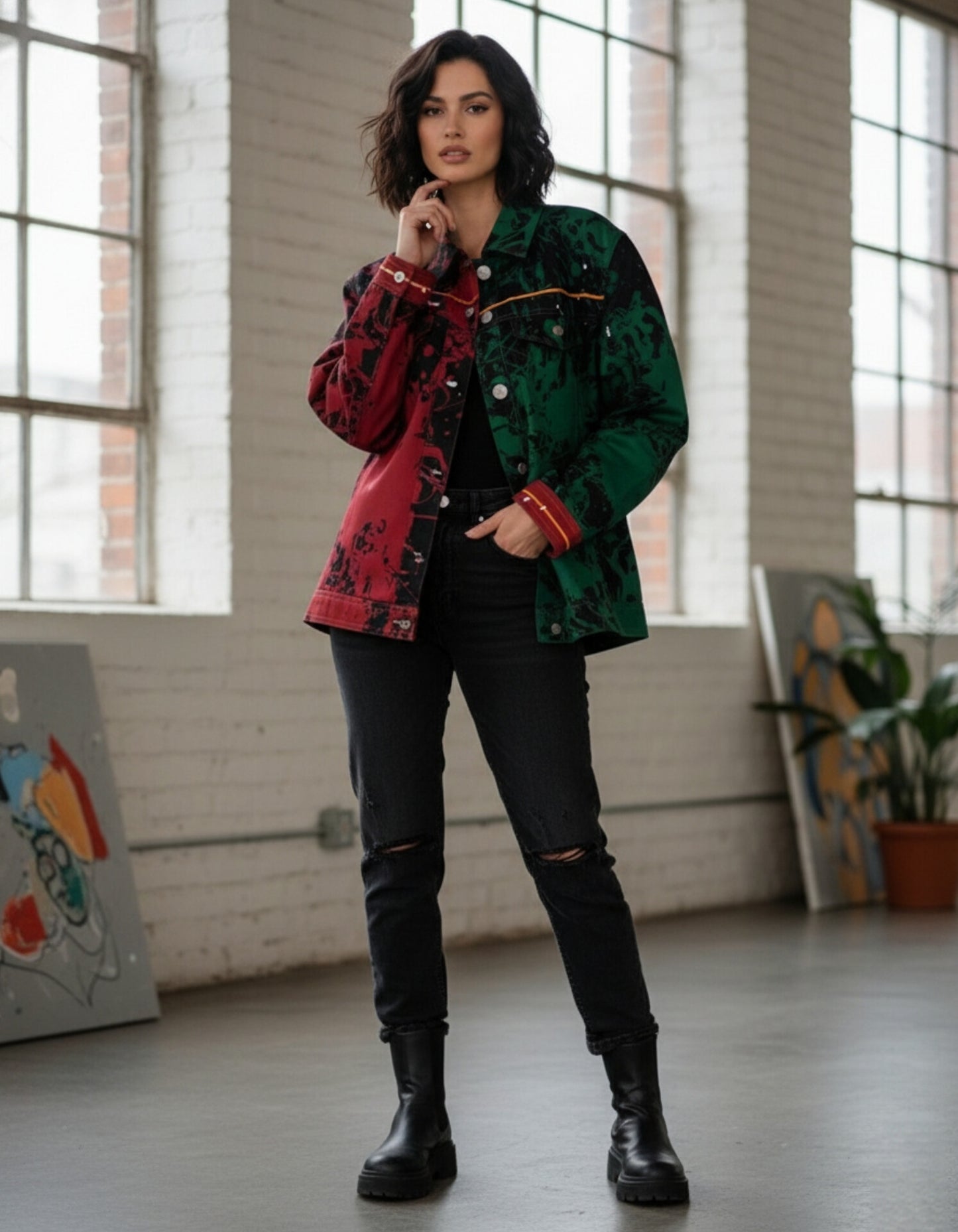 Split-Color Paint Splatter Denim Jacket