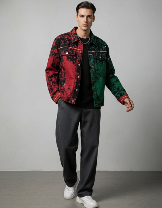 Split-Color Paint Splatter Denim Jacket