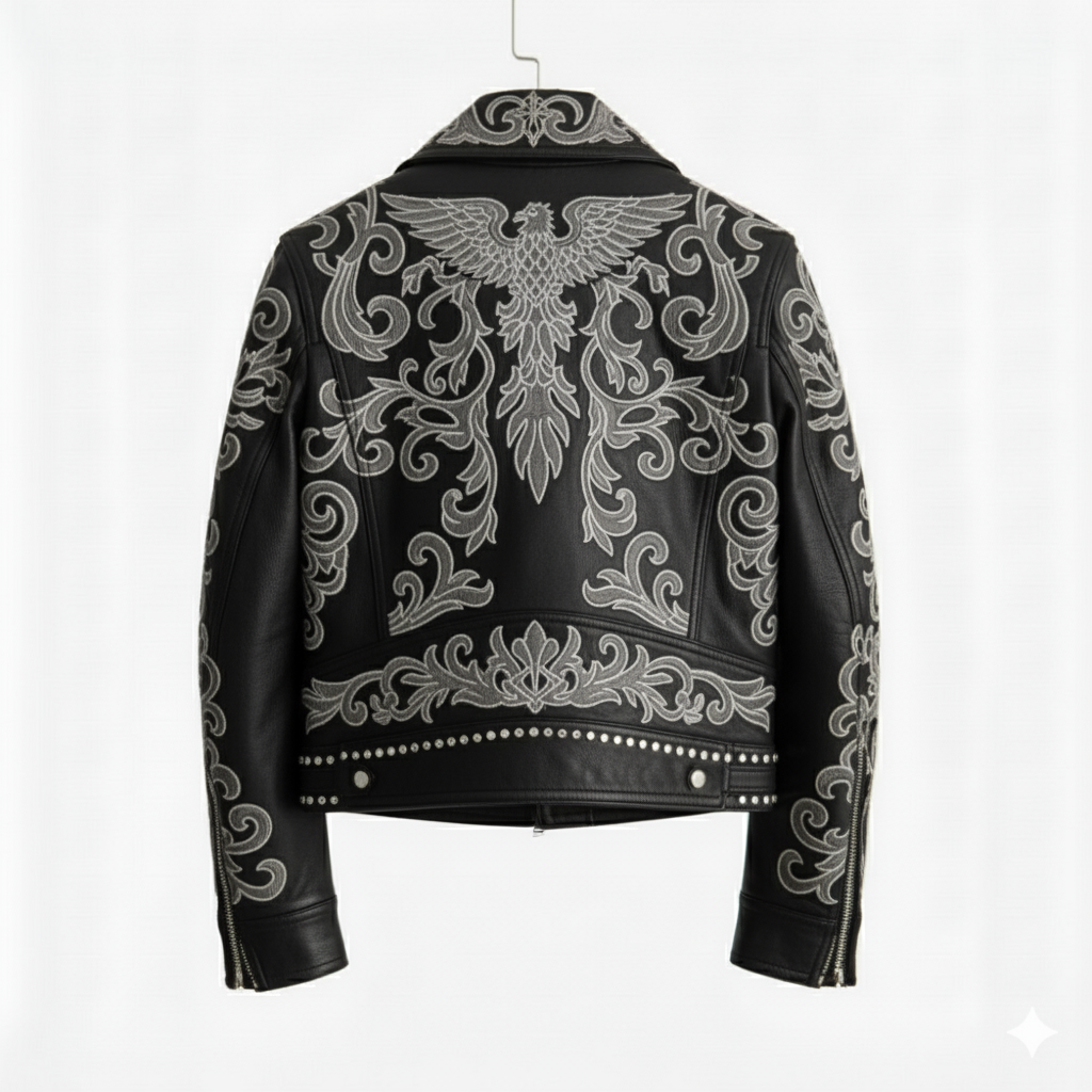 Black Leather Biker Jacket with Silver Baroque Embroidery