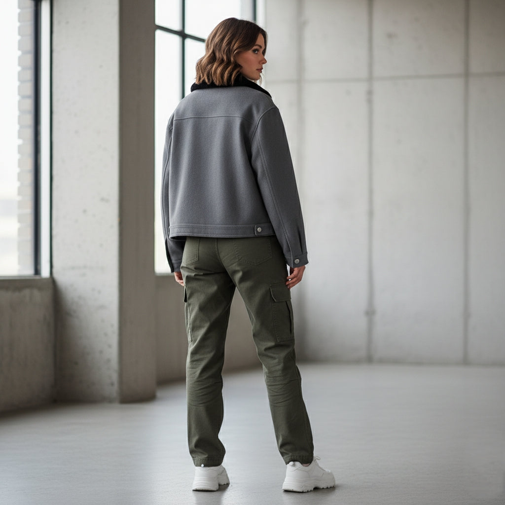 Cropped Jacket W/ Faux Fur Collar