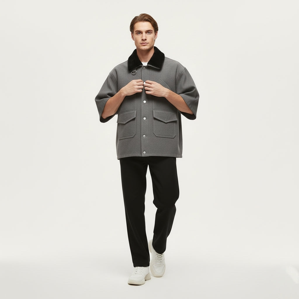 Cropped Jacket W/ Faux Fur Collar