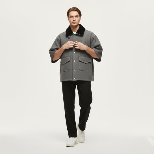 Cropped Jacket W/ Faux Fur Collar