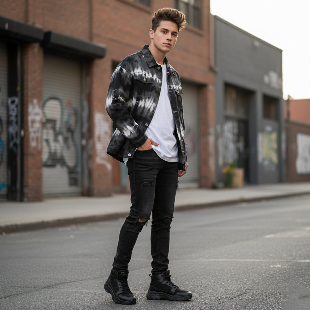 Edgy Black & White Tie-Dye Denim Jacket