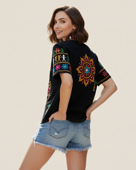 Black Embroidered Folk Art Short Sleeve Button-Up Shirt