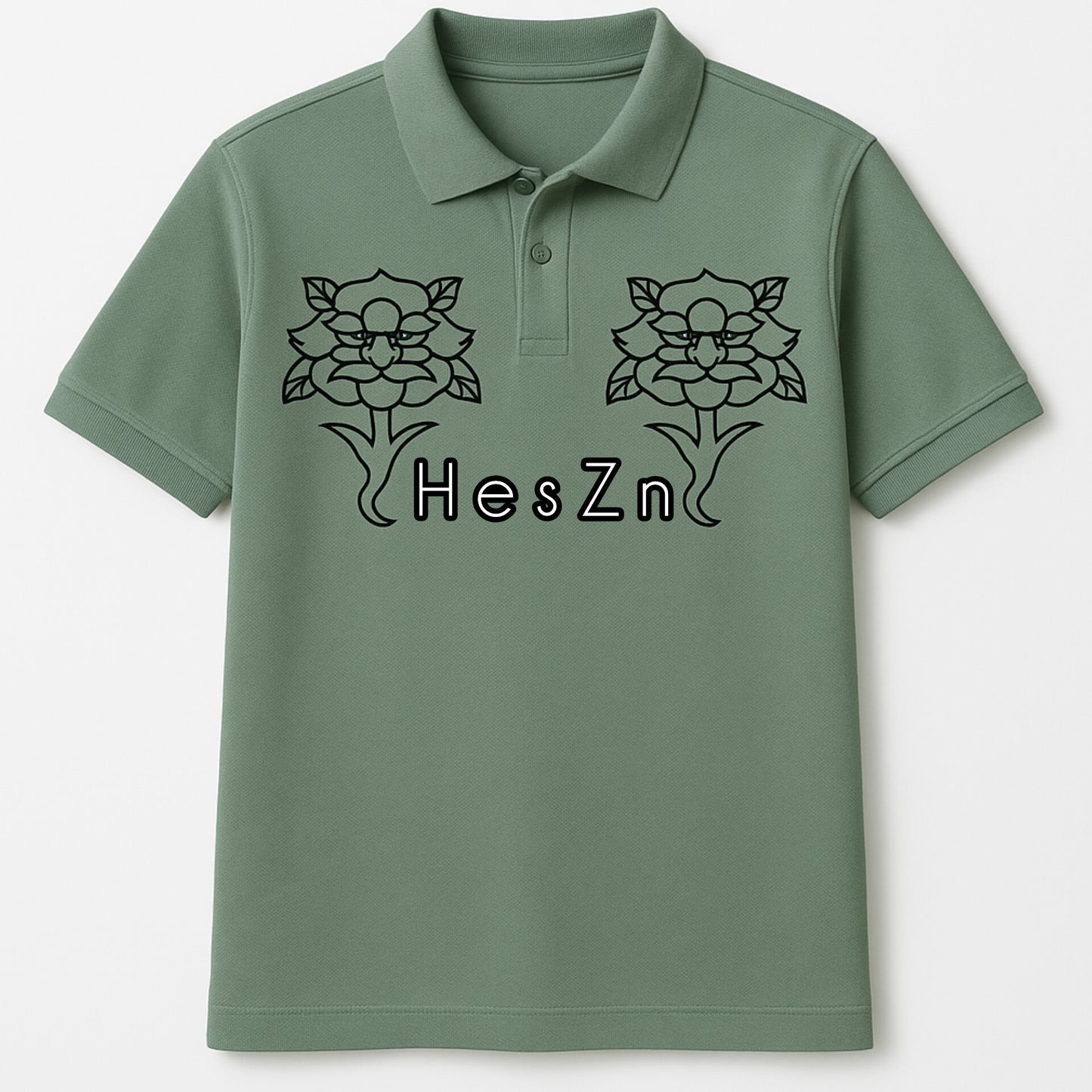 Green Polo with "HesZn" Rose Graphic