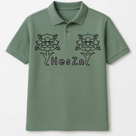 Green Polo with "HesZn" Rose Graphic