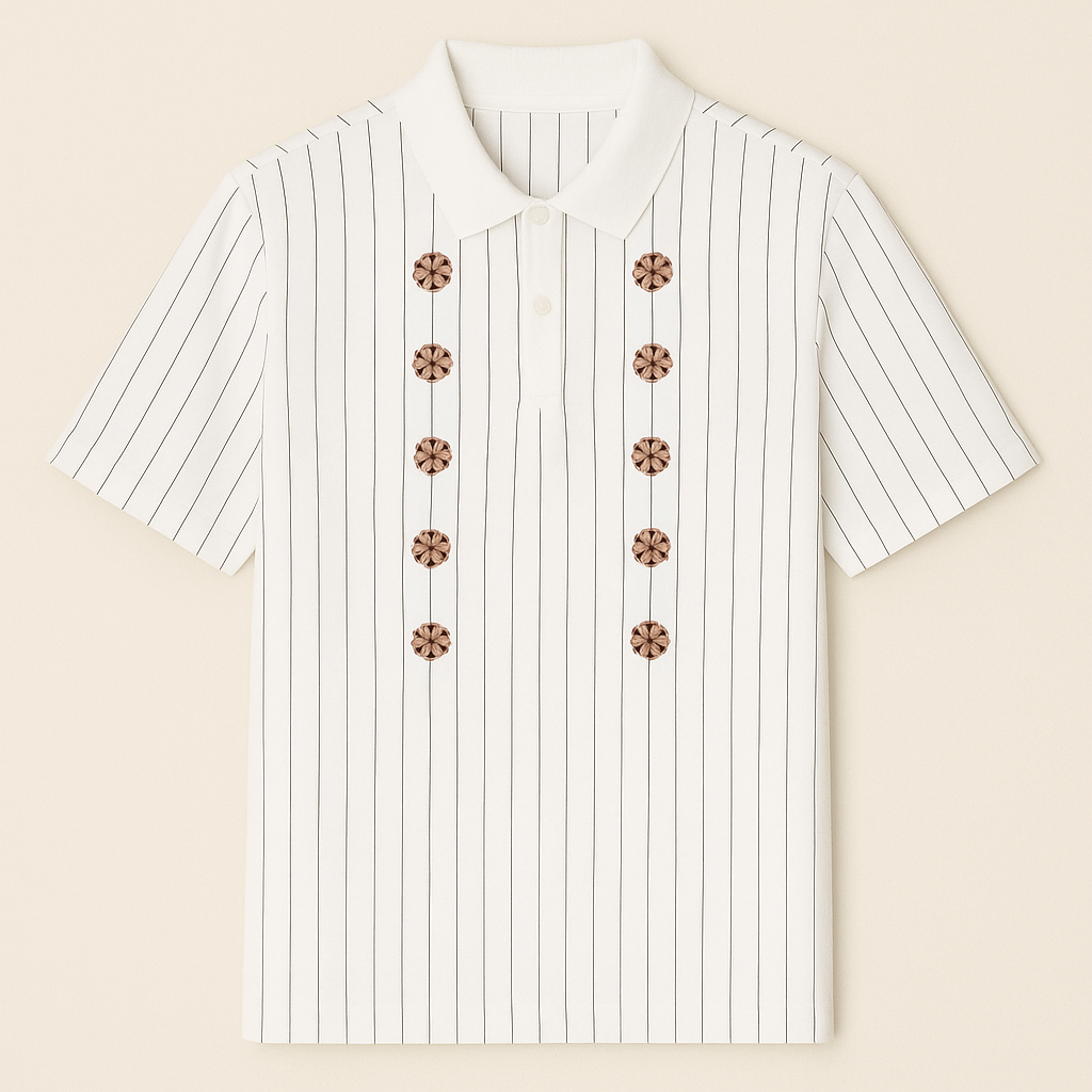Pinstripe Polo Shirt with Floral Appliqué Embellishments